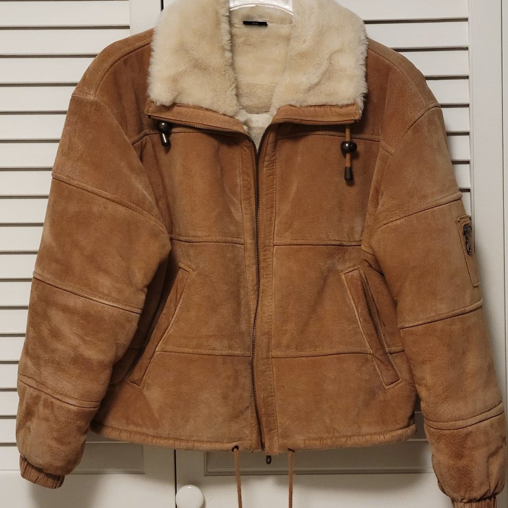 Bubble Bomber Jacket Genuine Suede Tan Size XS